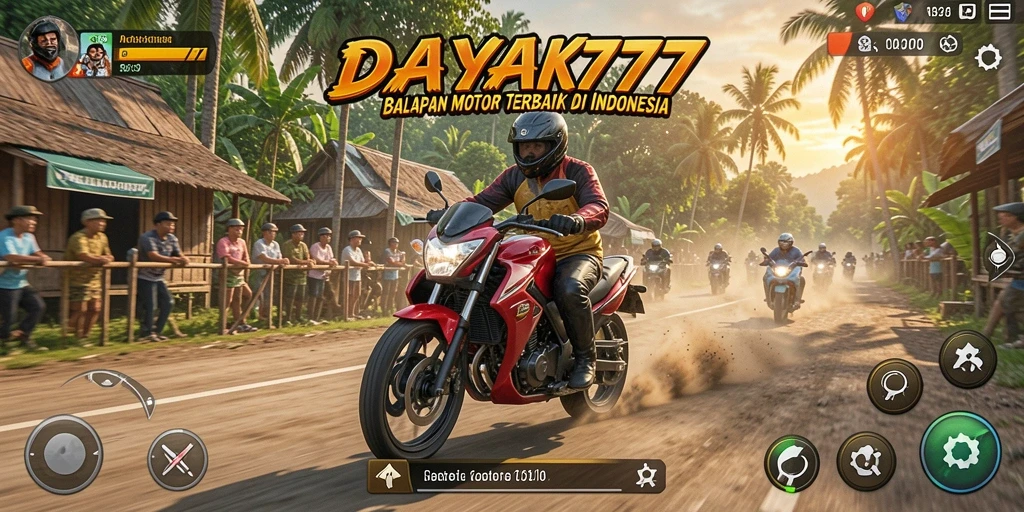 Screenshot gameplay DAYAK777 menampilkan aksi balapan motor yang mendebarkan.