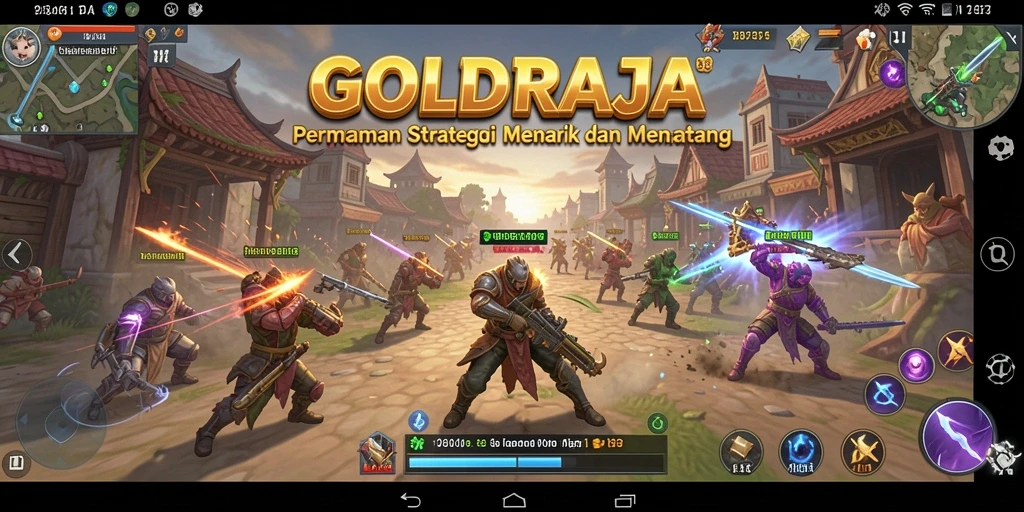 Screenshot gameplay <strong>GOLDRAJA</strong> yang menunjukkan pertempuran strategi yang intens.