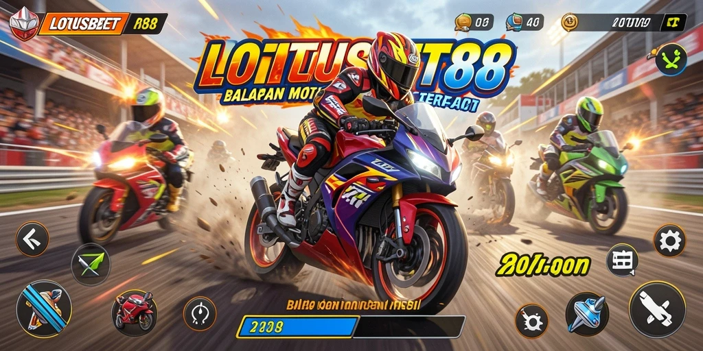 Tampilan gameplay LOTUSBET88 dengan aksi balapan motor yang mendebarkan.