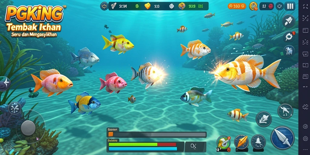 Gameplay PGKING yang seru dengan berbagai jenis ikan untuk ditembak.