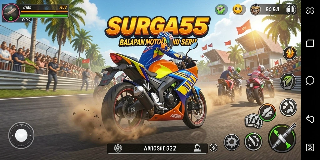 Tampilan gameplay balapan motor yang mendebarkan di SURGA55.