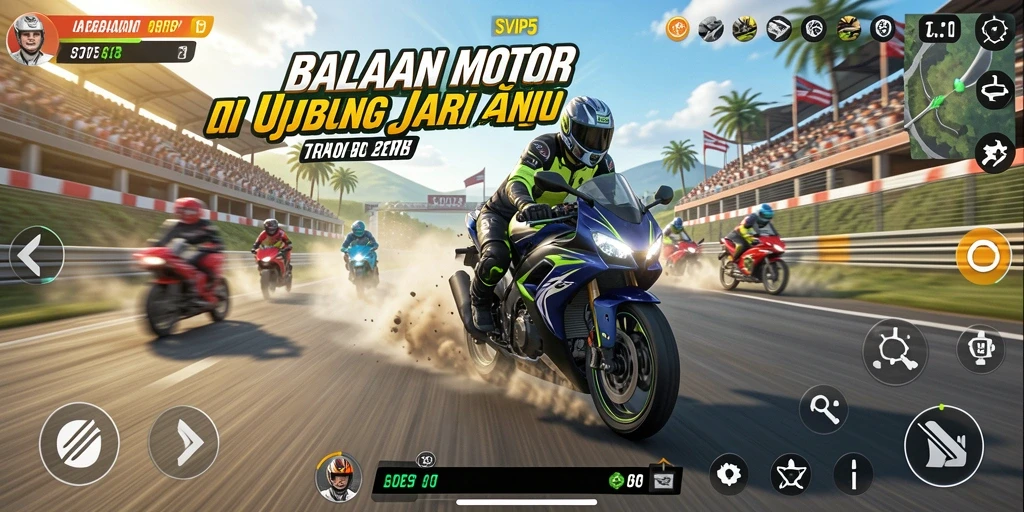 Gameplay mendebarkan di SVIP5 dengan motor balap yang cepat.